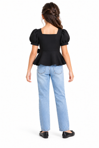ZIP ZAP ZOOP Girls Black Scuba Square Neck Puff Sleeve Peplum Top with Bow Detail