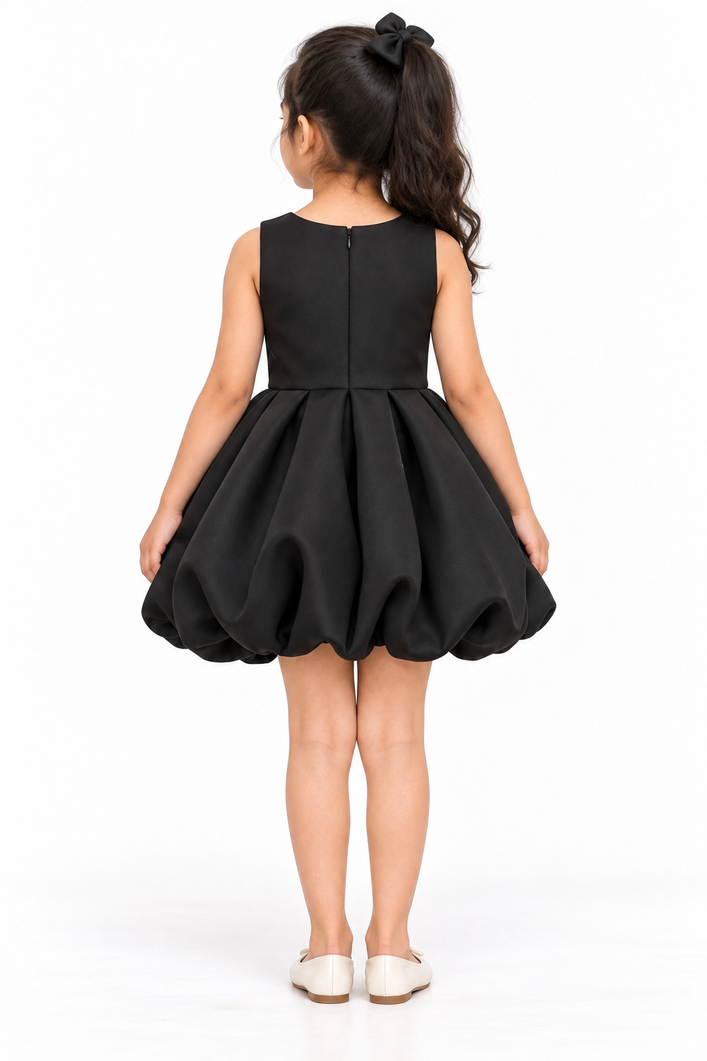 Girls Black Scuba Sleeveless Bubble Party Dress with Pearl-Trimmed Statement Bow