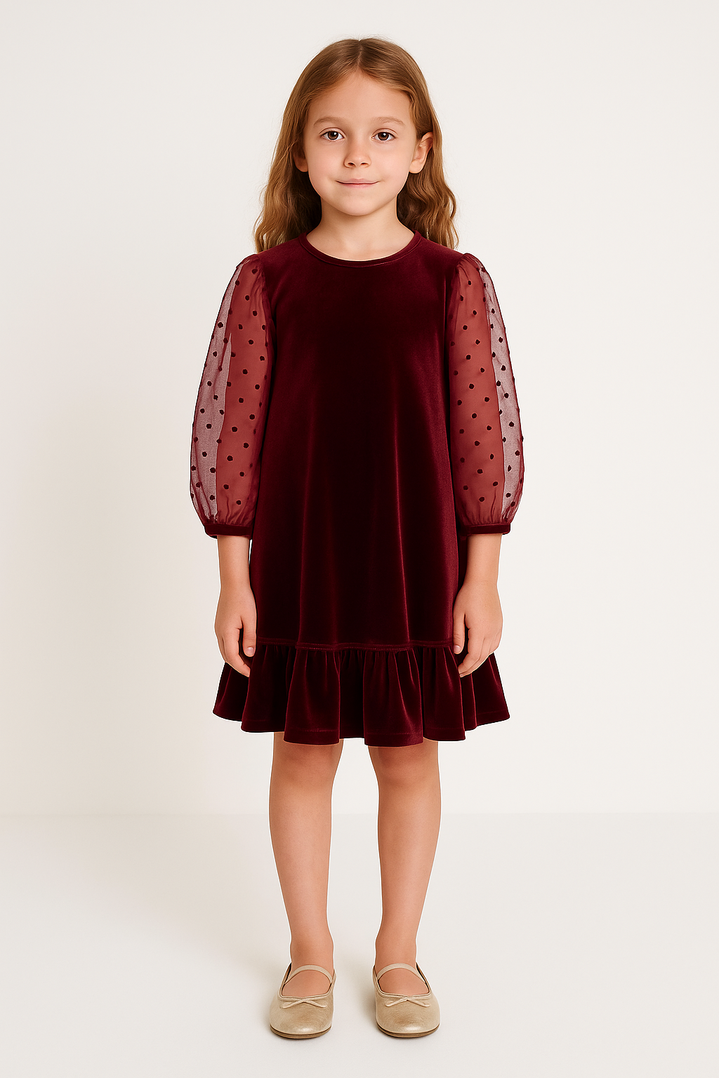 Girls Marroon Velvet Dress With Polka Dot Organza Dress