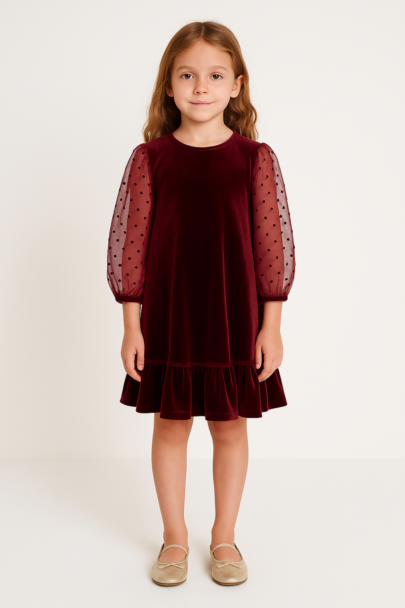 Girls Marroon Velvet Dress With Polka Dot Organza Dress