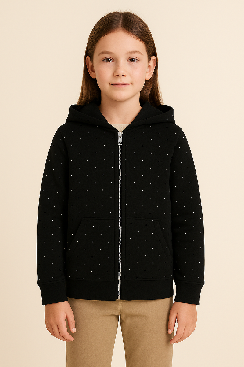 Black Hoodie With Silver Embellishments & With Silver Zipper