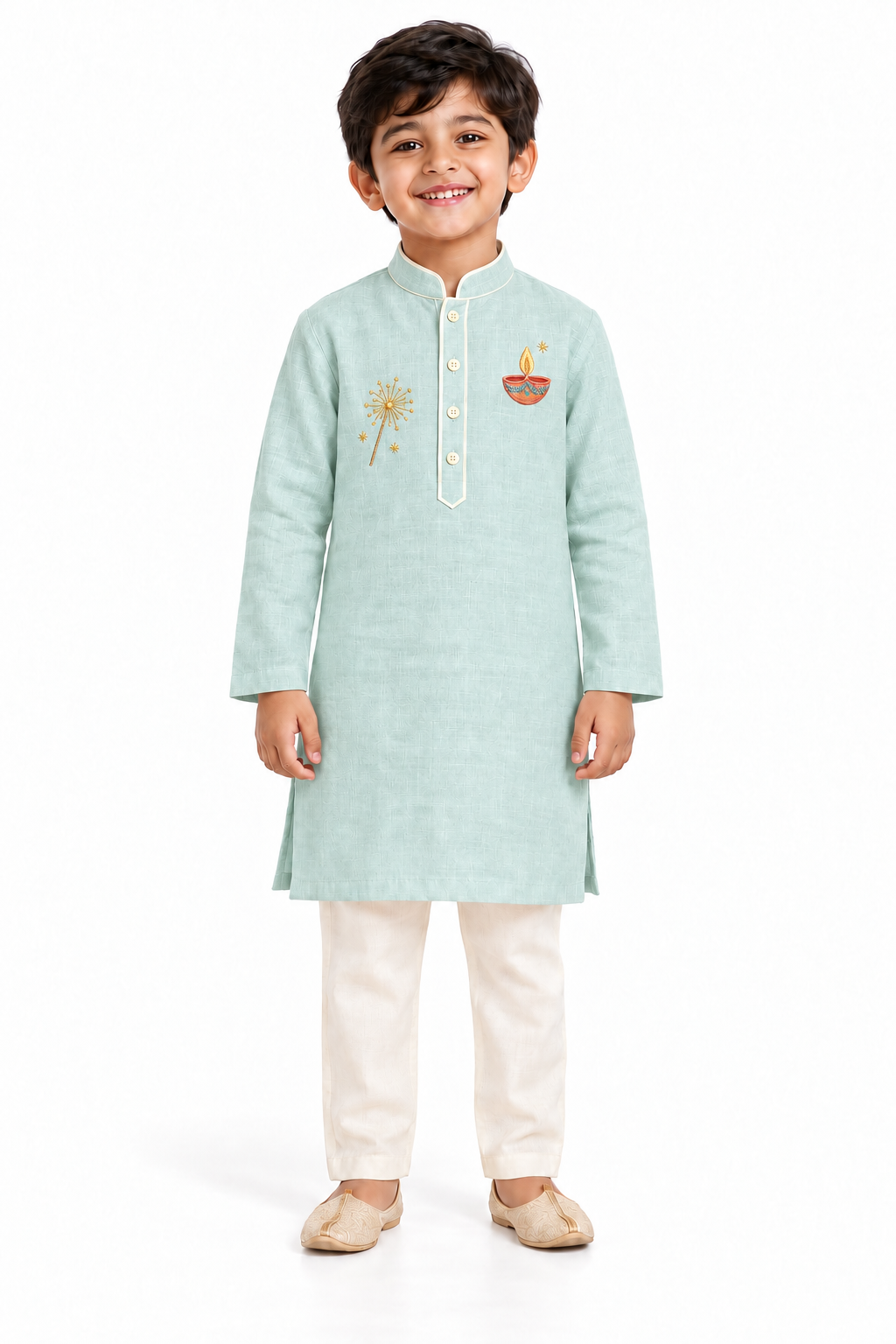 ZIP ZAP ZOOP Boys Sage Green Diya & Phuljadi Embroidered Diwali Kurta with Ivory Pants – 2-Piece Festive Set