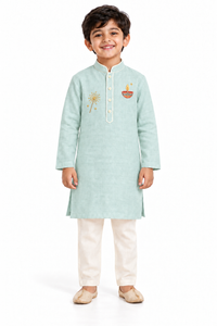 ZIP ZAP ZOOP Boys Sage Green Diya & Phuljadi Embroidered Diwali Kurta with Ivory Pants – 2-Piece Festive Set