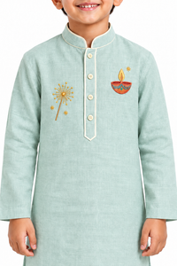 ZIP ZAP ZOOP Boys Sage Green Diya & Phuljadi Embroidered Diwali Kurta with Ivory Pants – 2-Piece Festive Set