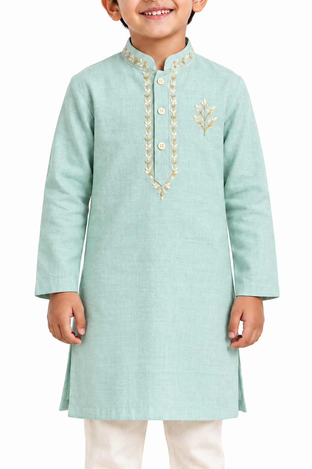 ZIP ZAP ZOOP Boys Sage Green Botanical Embroidered Kurta with Ivory Pants – 2-Piece Festive Set