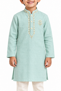 ZIP ZAP ZOOP Boys Sage Green Botanical Embroidered Kurta with Ivory Pants – 2-Piece Festive Set