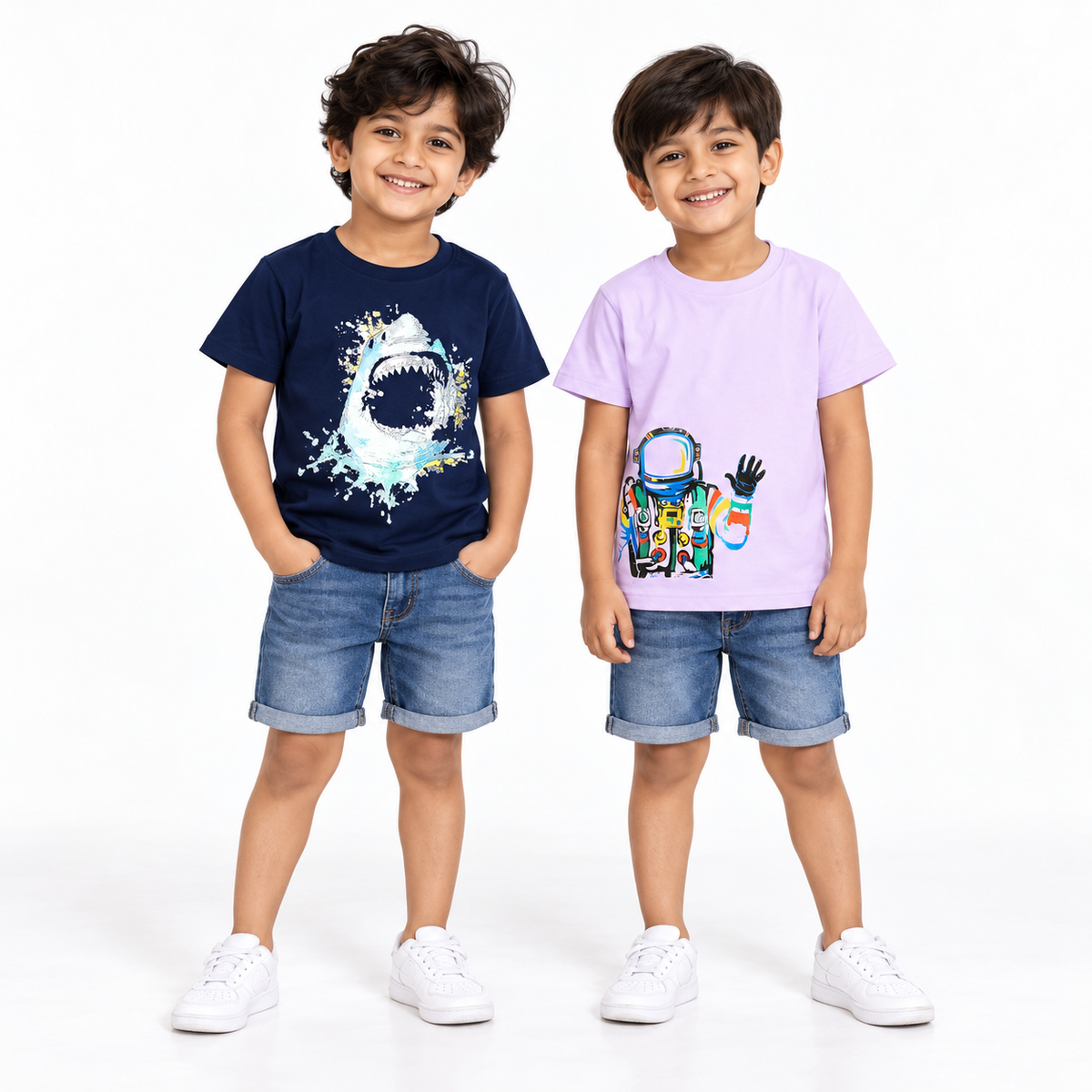 Pack of 2 Lilac-Astronaut & Navy Blue-Shark Print Cotton T-shirt
