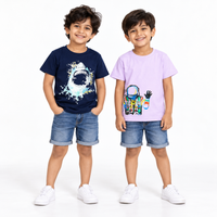 Pack of 2 Lilac-Astronaut & Navy Blue-Shark Print Cotton T-shirt