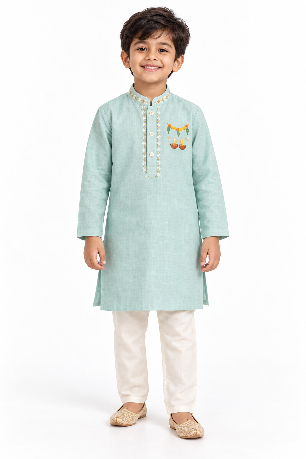 ZIP ZAP ZOOP Boys Sage Green Diya & Marigold Toran Embroidered Kurta with Ivory Pants – 2-Piece Diwali Set