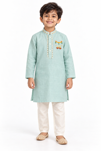 ZIP ZAP ZOOP Boys Sage Green Diya & Marigold Toran Embroidered Kurta with Ivory Pants – 2-Piece Diwali Set
