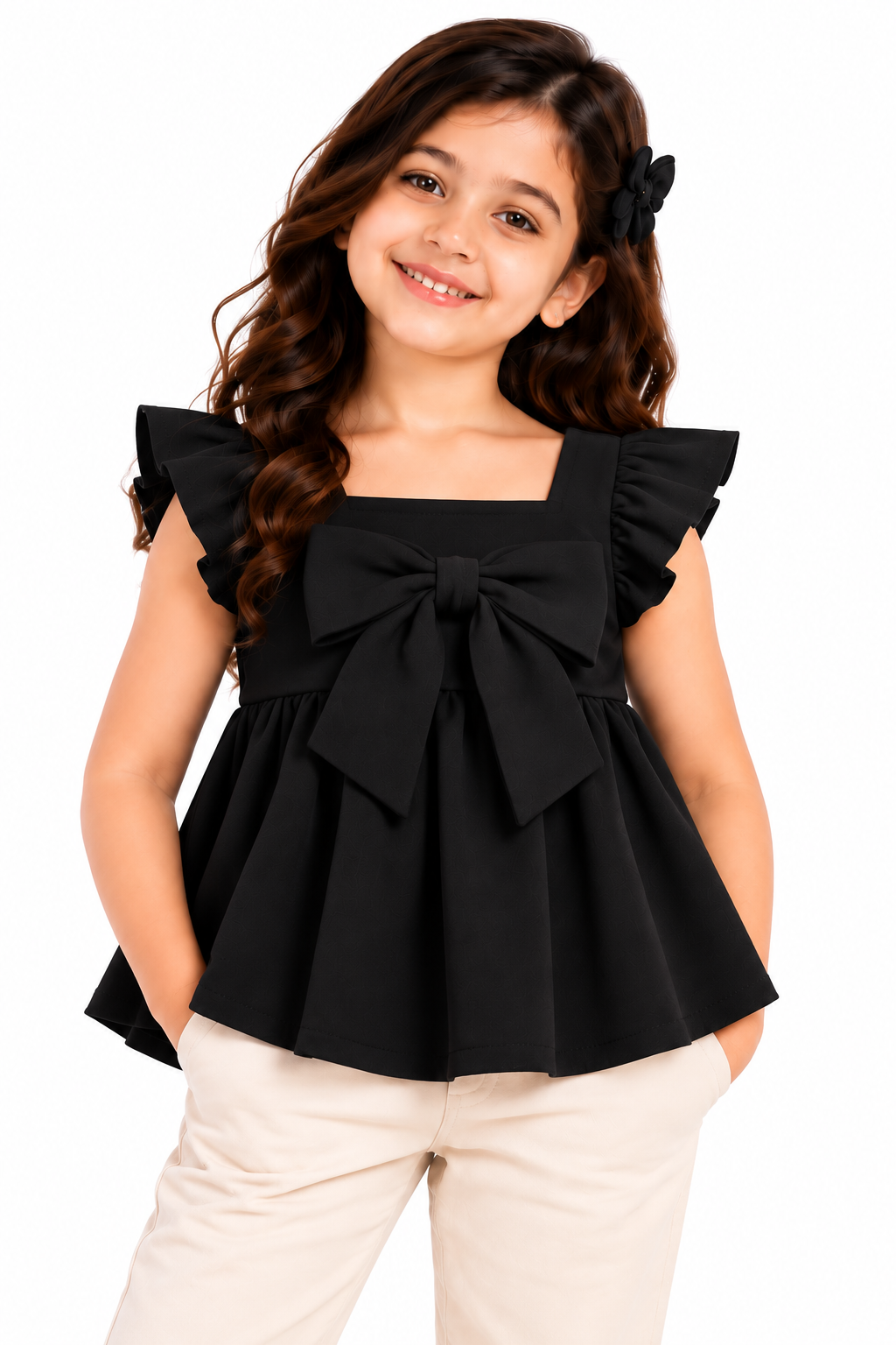 ZIP ZAP ZOOP Girls Black Scuba Top with Square Neck, Statement Bow & Ruffle Sleeves