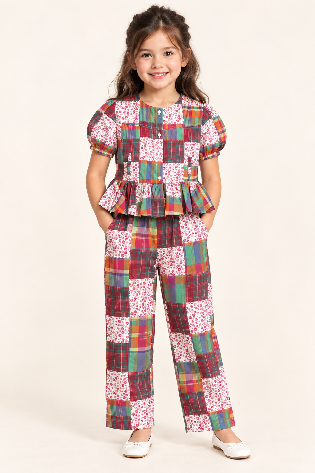 Girls Multicolour Patchwork Puff Sleeve Peplum Top & Trouser Co-ord Set