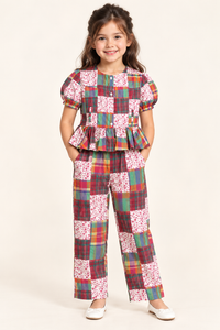 Girls Multicolour Patchwork Puff Sleeve Peplum Top & Trouser Co-ord Set