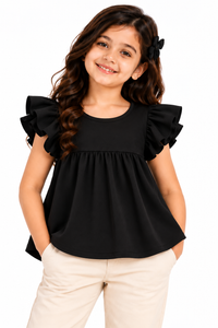 ZIP ZAP ZOOP Girls Black Scuba Crepe Ruffle Sleeve A-Line Top with Back Keyhole Detail