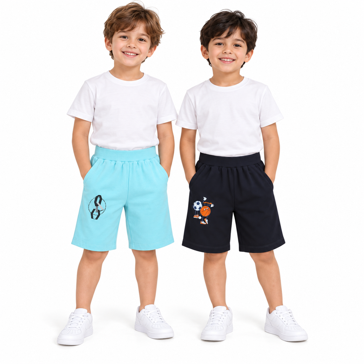Pack of 2 Black-Football Basketball & Sky Blue-Infinity Print Cotton Shorts