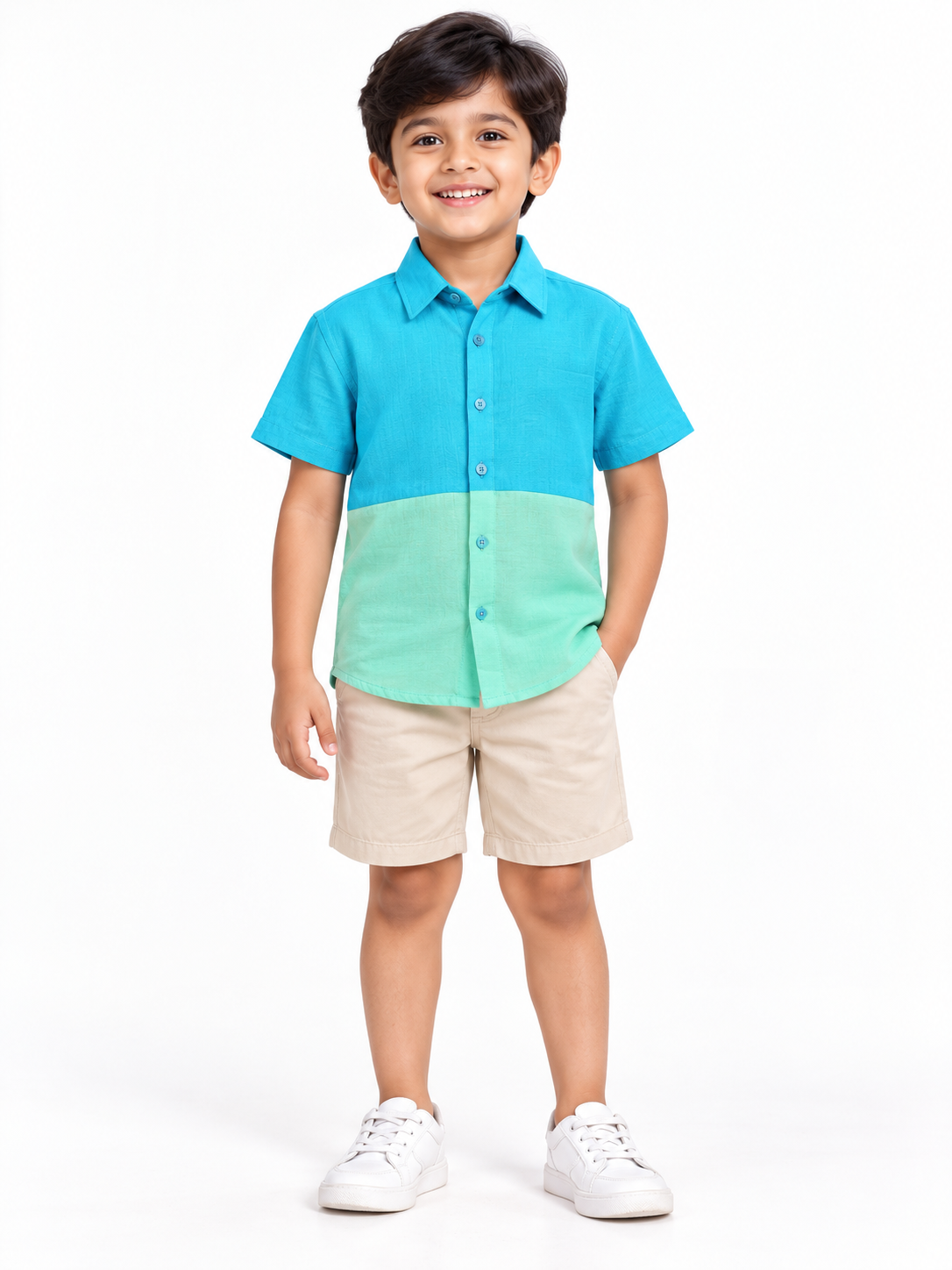 Blue & Light Green Color Block Half Sleeve Soft Cotton Shirt