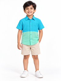 Blue & Light Green Color Block Half Sleeve Soft Cotton Shirt