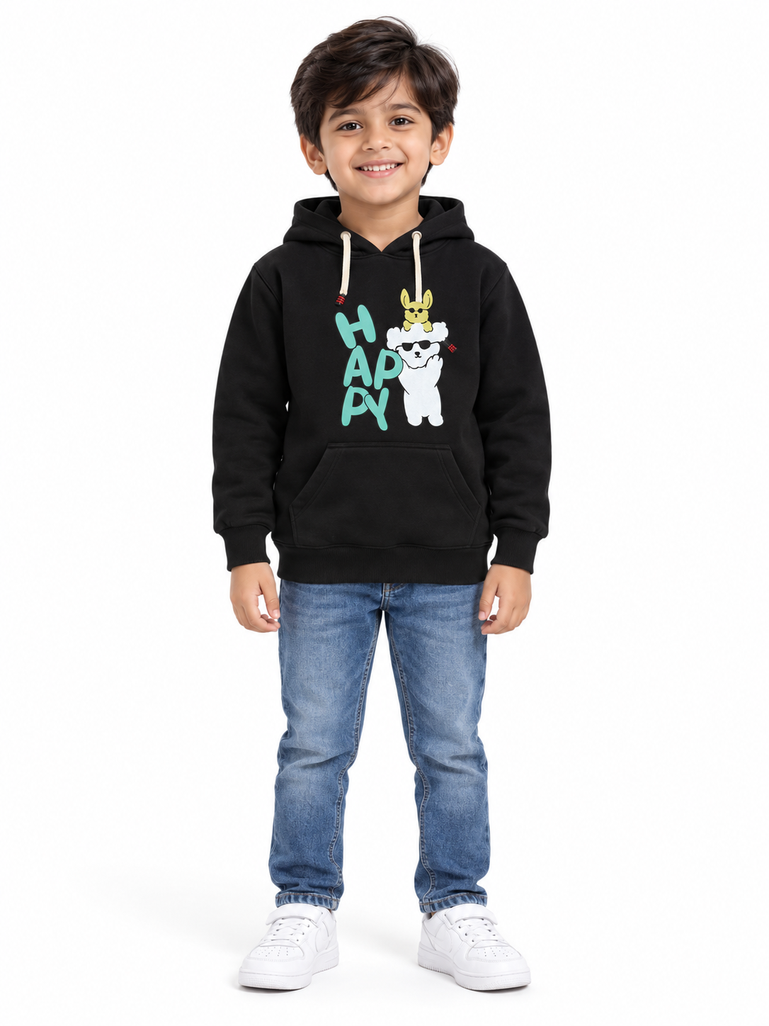 Black Happy Print Full Sleeve Hoodie
