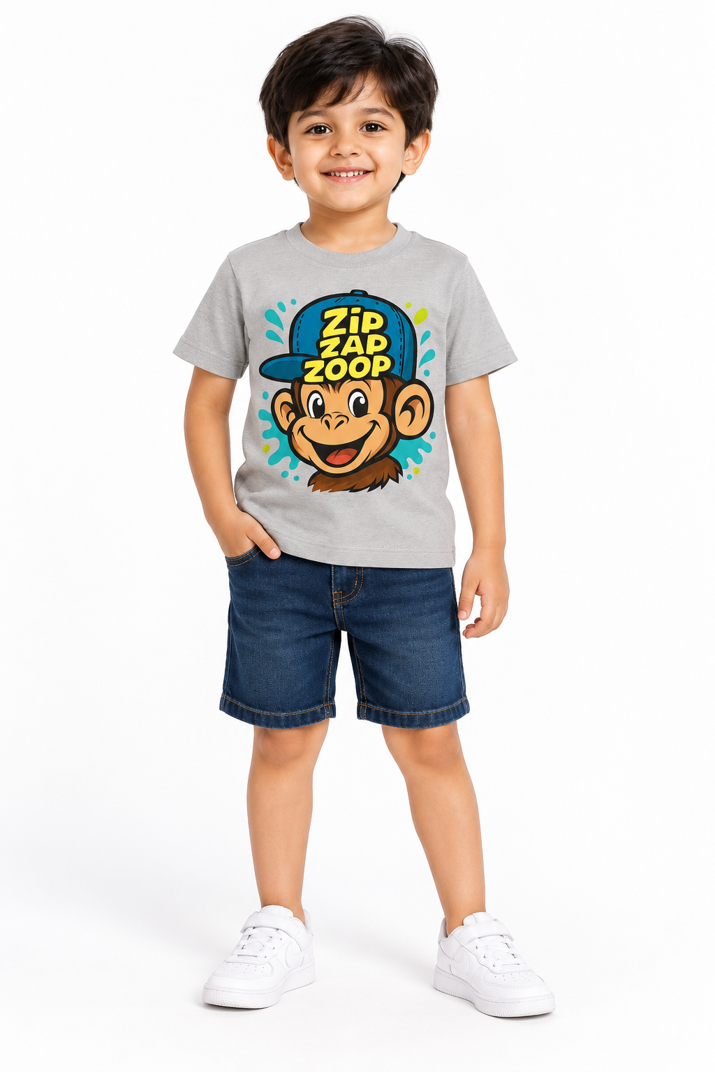 Grey ZipZapZoop Monkey Cap Print Half Sleeve T-Shirt