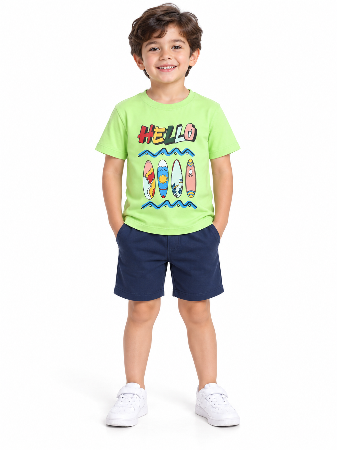 White & Neon Green Hello Print Boys T-Shirt