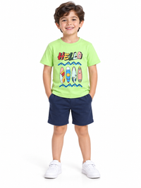 White & Neon Green Hello Print Boys T-Shirt
