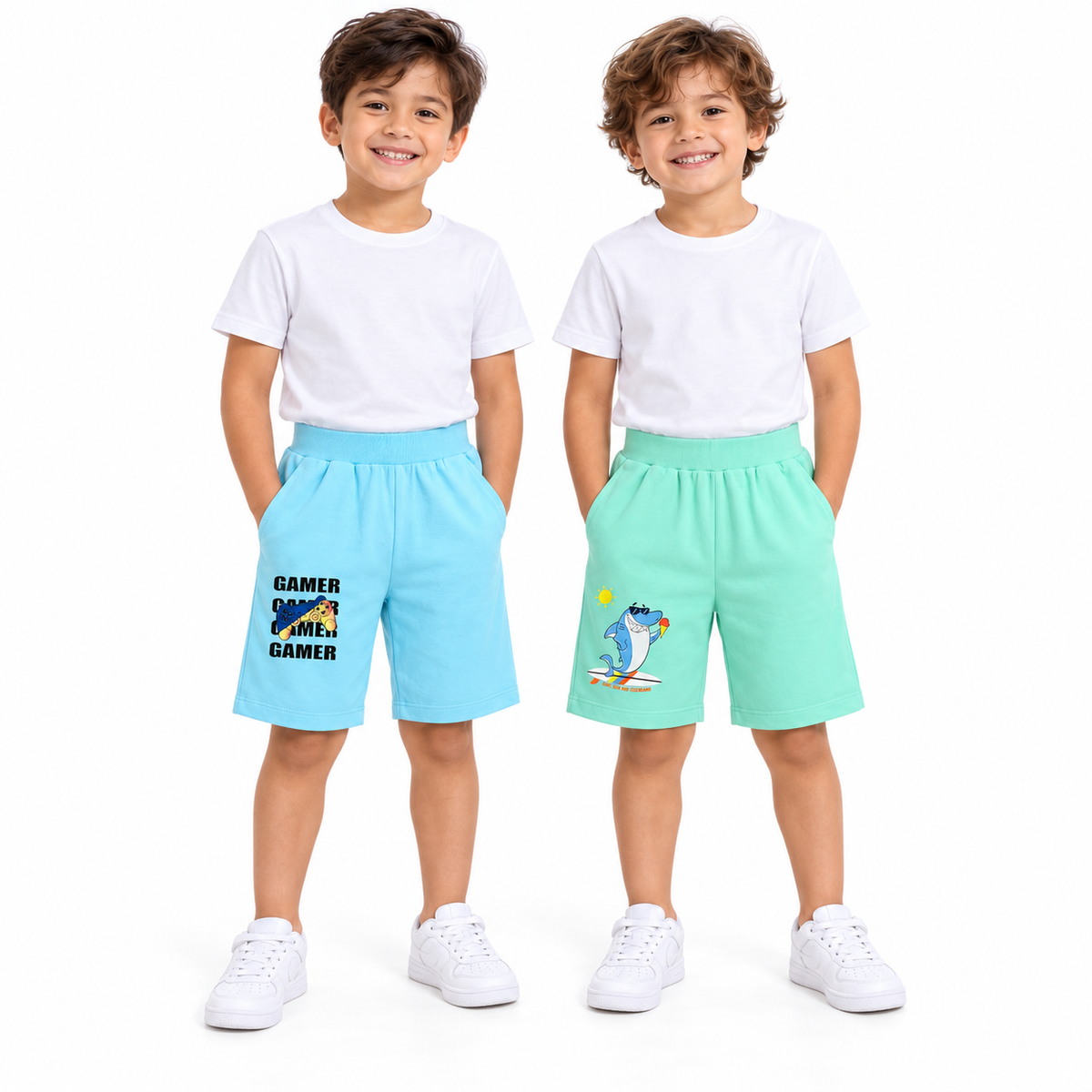 Pack of 2 Mint Green-Sun Surf Ice Cream & Sky Blue-Gamer Print Cotton Shorts