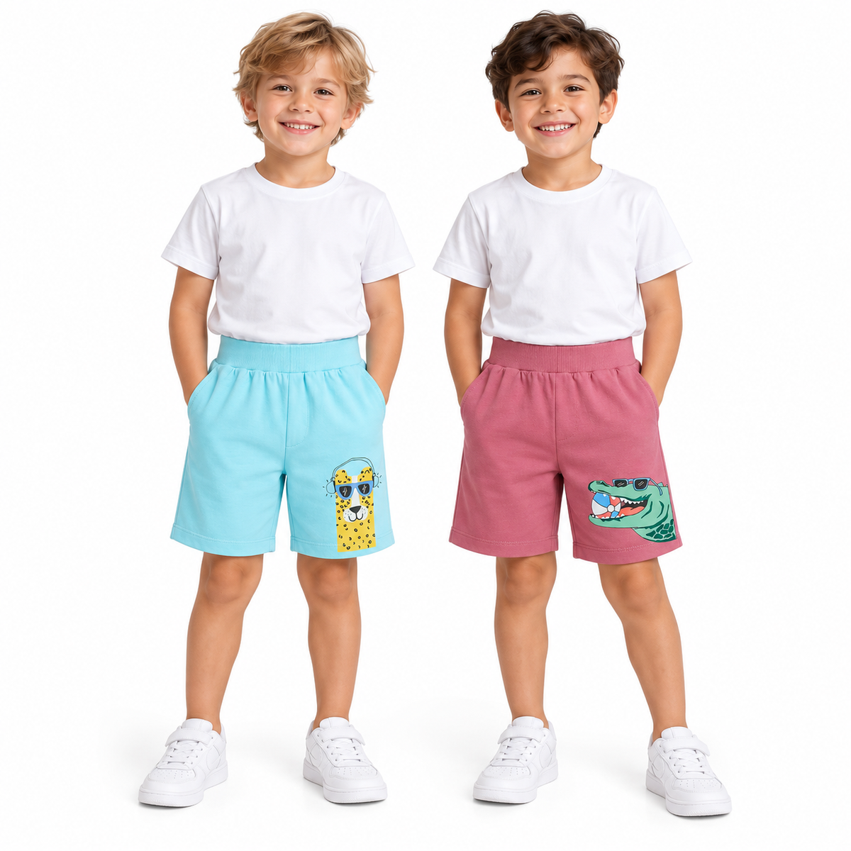Pack of 2 Pink-Alligator Ball & Sky Blue-Llama Print Cotton Shorts