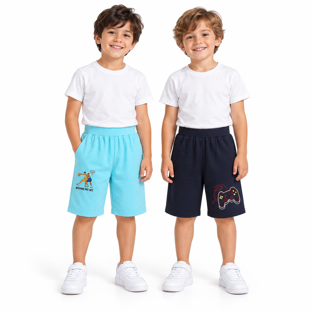 Pack of 2 Sky Blue-Player Basketball & Navy Blue-Video Game Print Cotton Shorts