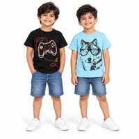 Pack of 2 Black-Video Game & Sky Blue-Dog Spacs Print Cotton T-shirt