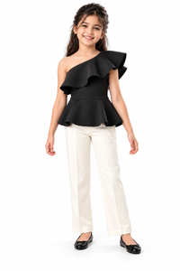 ZIP ZAP ZOOP Girls Black One-Shoulder Ruffle Peplum Party Top