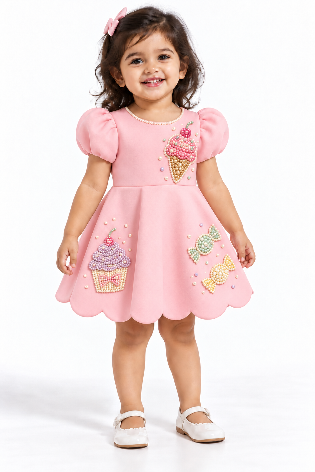 ZIP ZAP ZOOP Baby Girls Pink Scuba Party Dress with Pearl Ice Cream, Cupcake & Candy Embellishments
