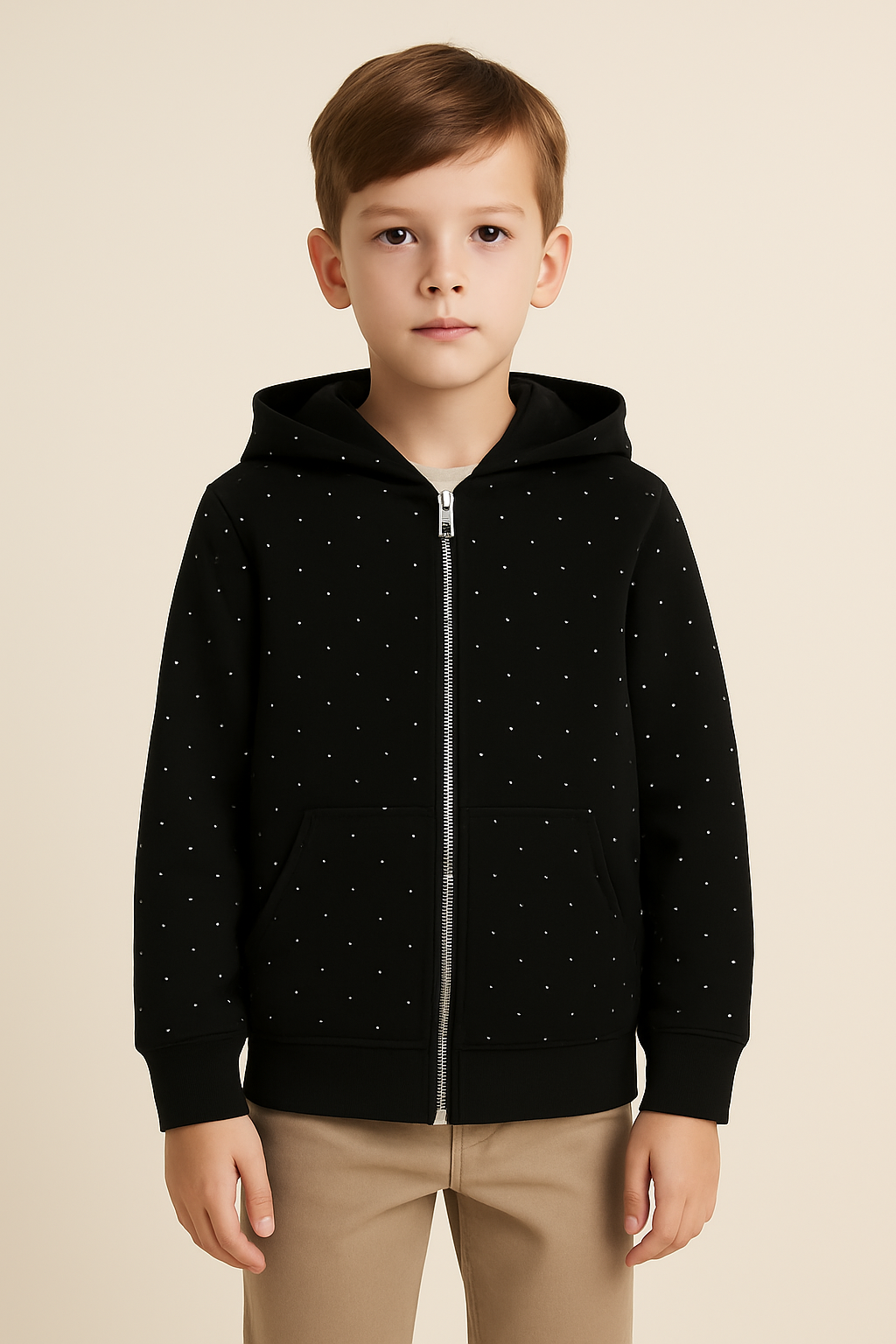 Black Hoodie With Silver Embellishments & With Silver Zipper