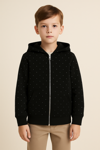 Black Hoodie With Silver Embellishments & With Silver Zipper