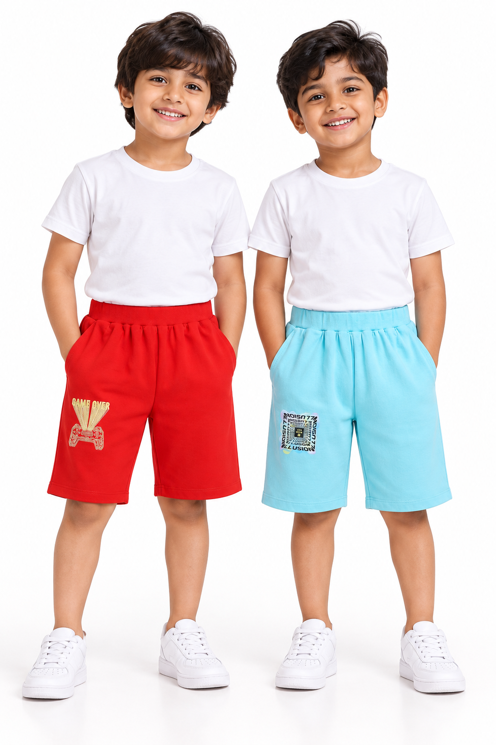 Pack of 2 Sky Blue-Illusion & Red-Game Over Print Cotton Shorts