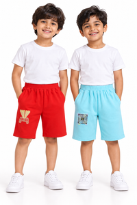 Pack of 2 Sky Blue-Illusion & Red-Game Over Print Cotton Shorts