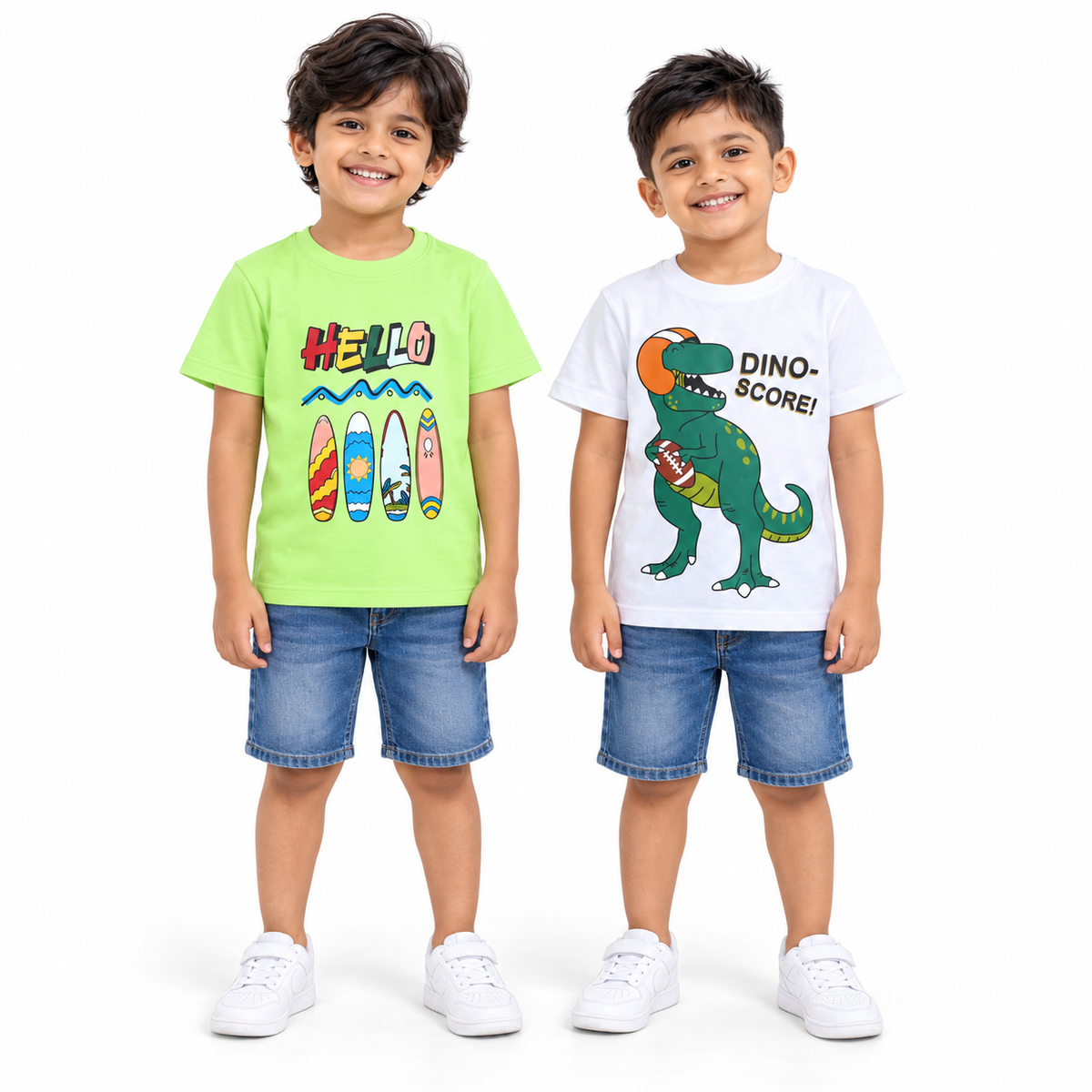 Pack of 2 White-Dino Score & Neon Green-Hello Print Cotton T-shirt