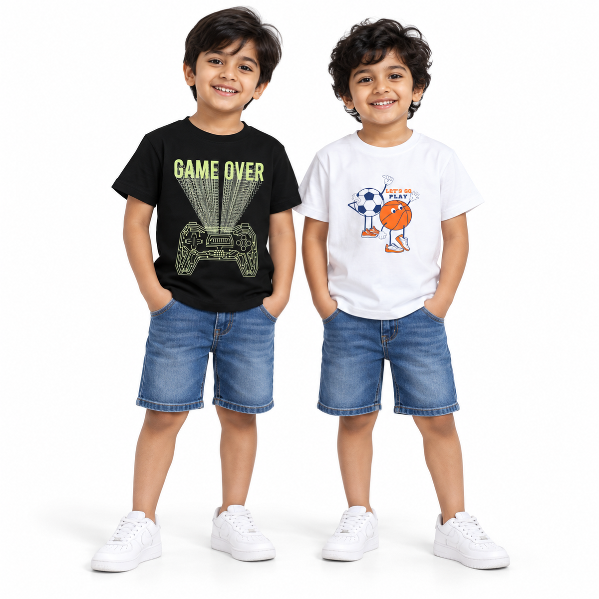 Pack of 2 White-Basket Ball Foot Ball & Black-Game Over Print Cotton T-shirt