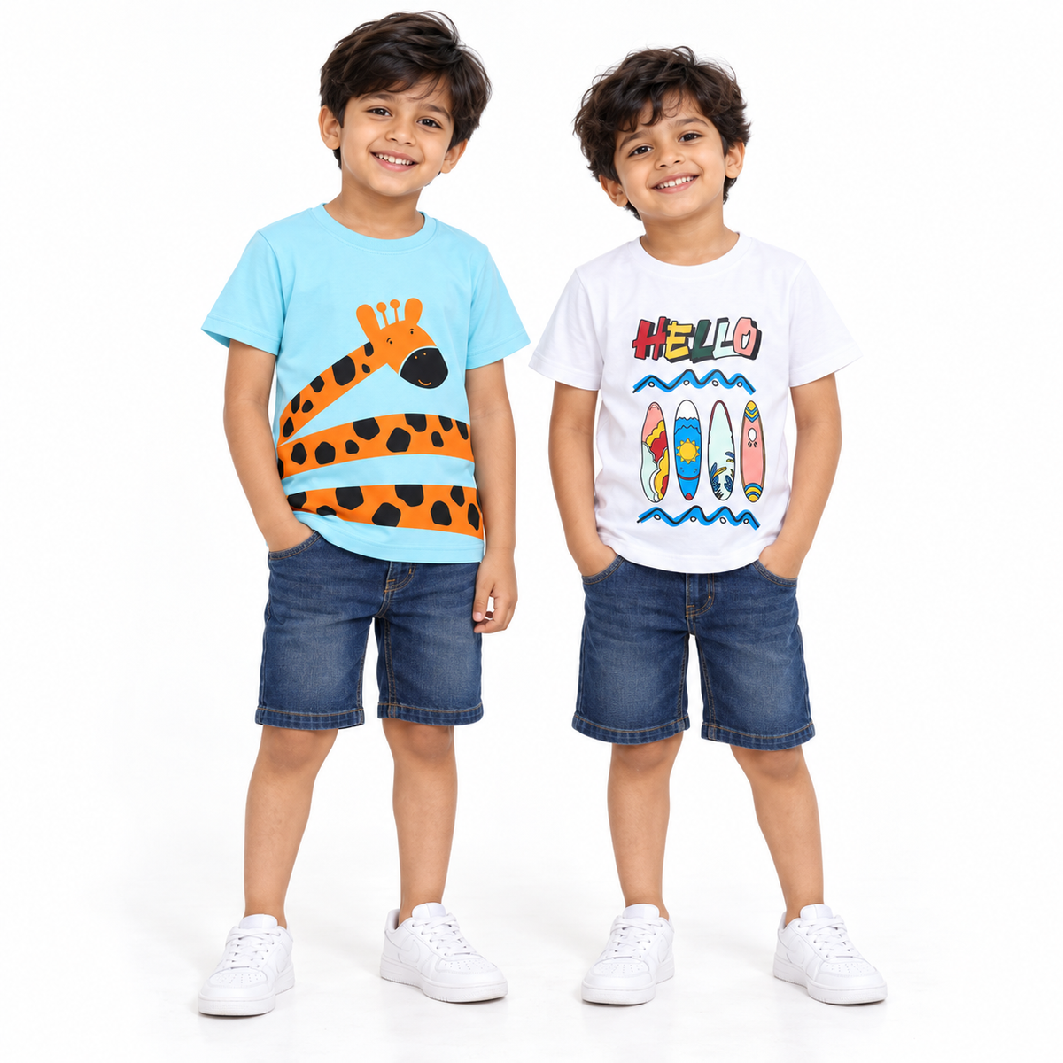 Pack of 2 Sky Blue-Giraffe & Neon Green-Hello Print Cotton T-shirt