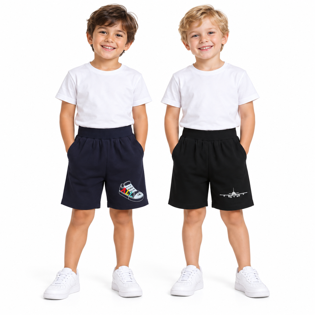 Pack of 2 Black-Plane & Navy Blue-All Shoe Print Cotton Shorts