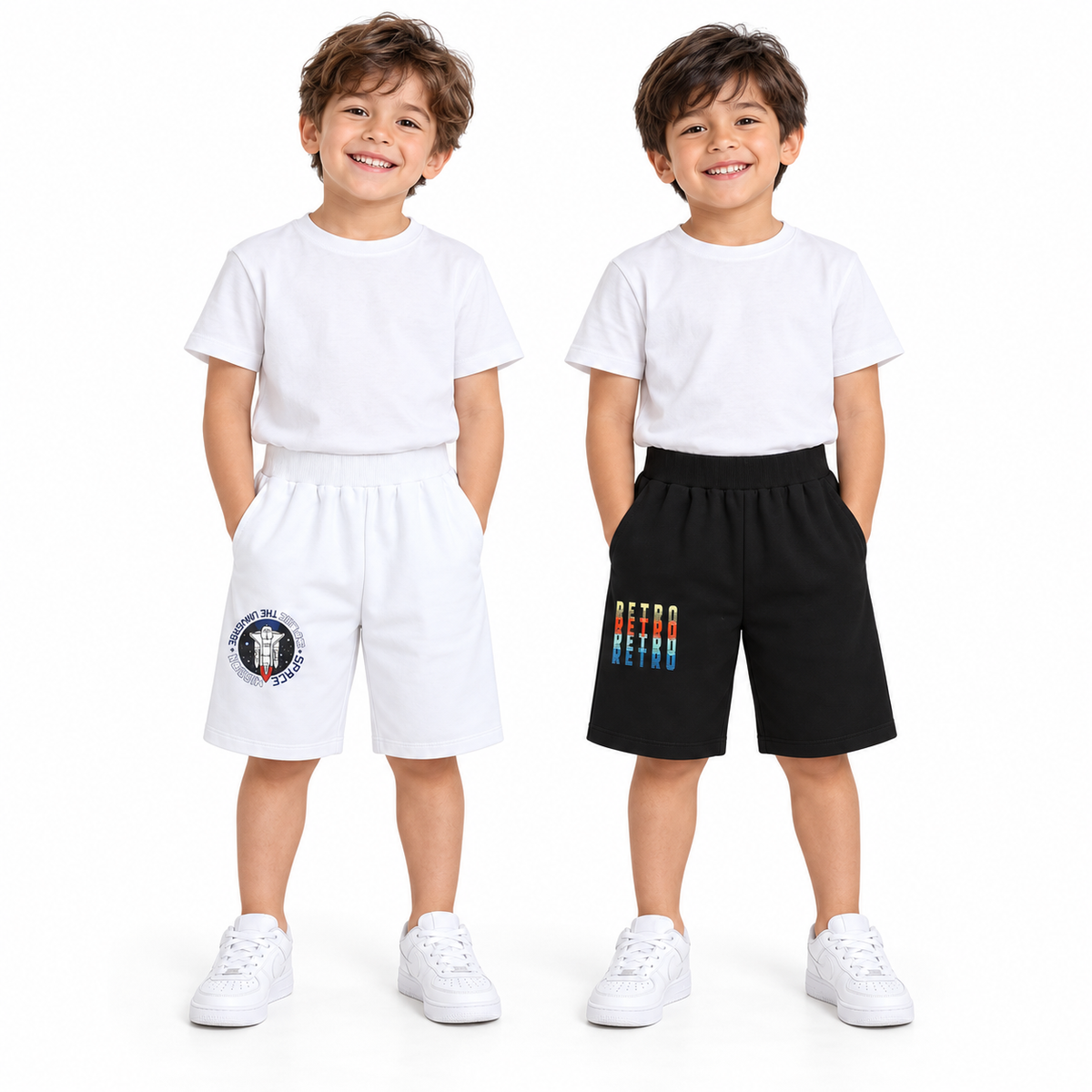 Pack of 2 Black-Retro & White-Space Mission Print Cotton Shorts