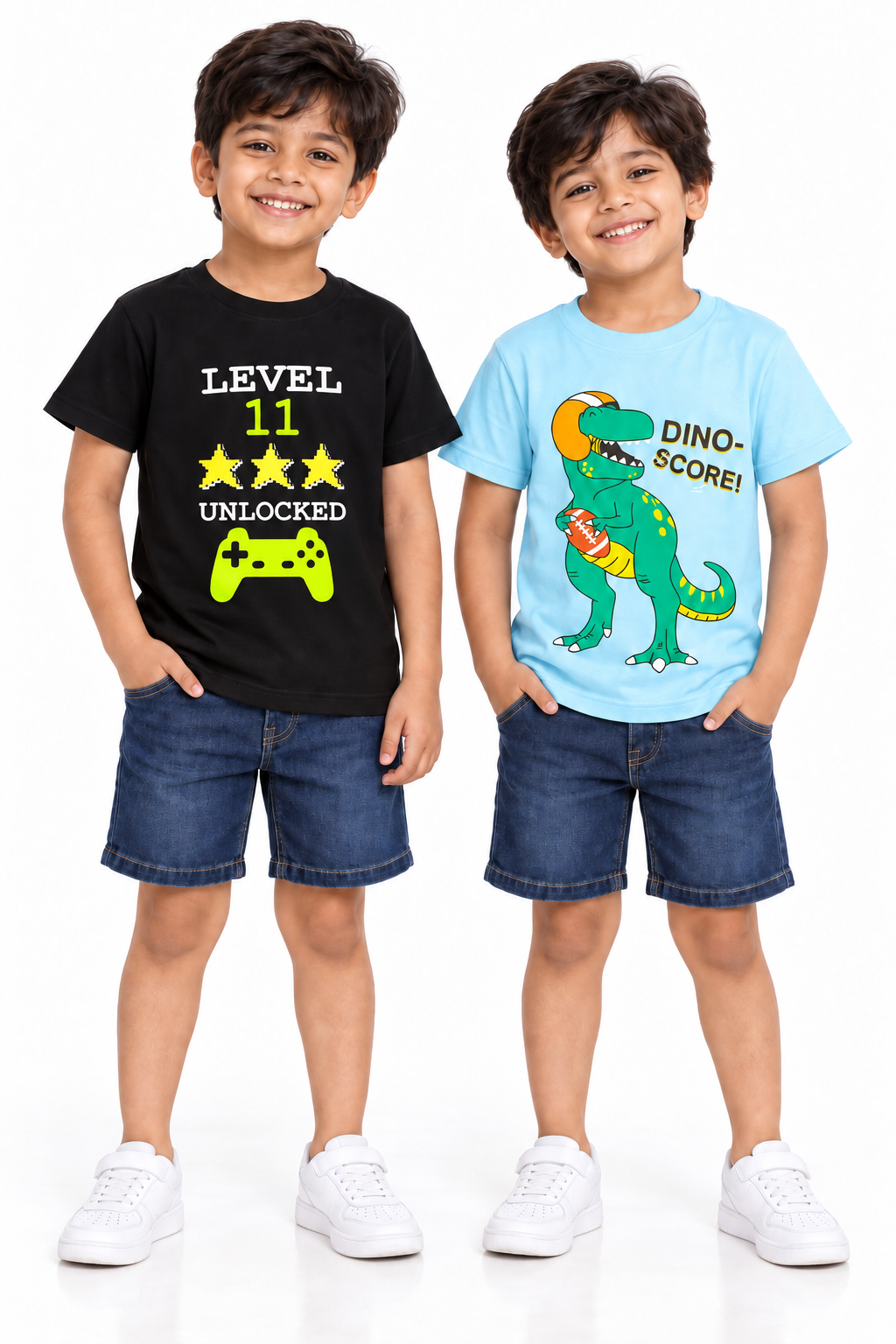 Pack of 2 Black-Level 11 & Sky Blue-Dino Score Print Cotton T-shirt