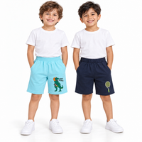 Pack of 2 Navy Blue-Tennis Racket & Sky Blue-Dino Score Print Cotton Shorts