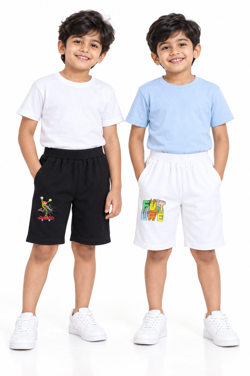 Pack of 2 Black-Wohoo & White-Future Print Cotton Shorts