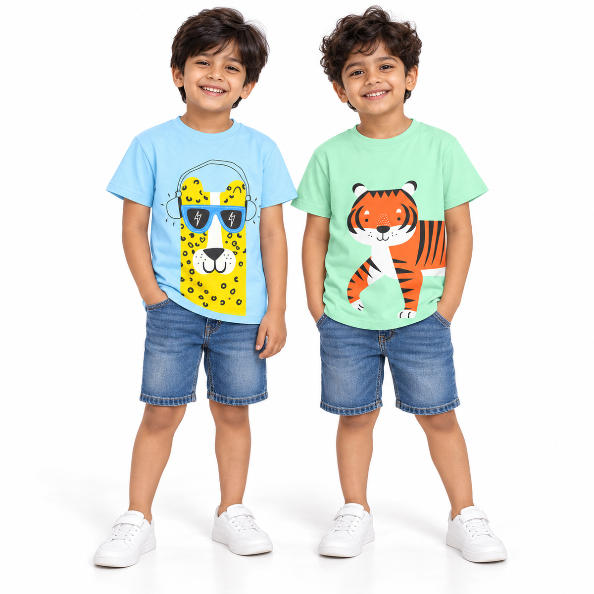 Pack of 2 Mint Green-Walking Tiger & Sky Blue-Llama Print Cotton T-shirt