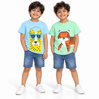 Pack of 2 Mint Green-Walking Tiger & Sky Blue-Llama Print Cotton T-shirt