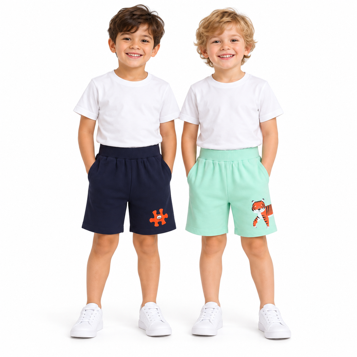 Pack of 2 Mint Green-Walking Tiger & Navy Blue-Puzzel Print Cotton Shorts