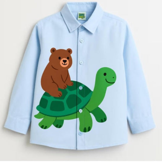 Light Blue Cotton Two Animal Tortoise-Bear Printed Boys Shirt