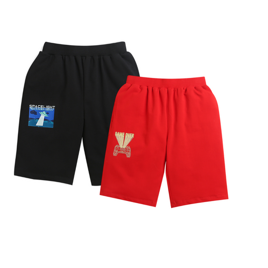 Red & Black Space light & Game over print Boys shorts (Pack of 2)