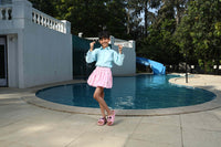 Blue Full Sleeve Shirt & Pink Flower Embellished Skirt Cotton Co-ord Set