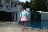 Blue Full Sleeve Shirt & Pink Flower Embellished Skirt Cotton Co-ord Set